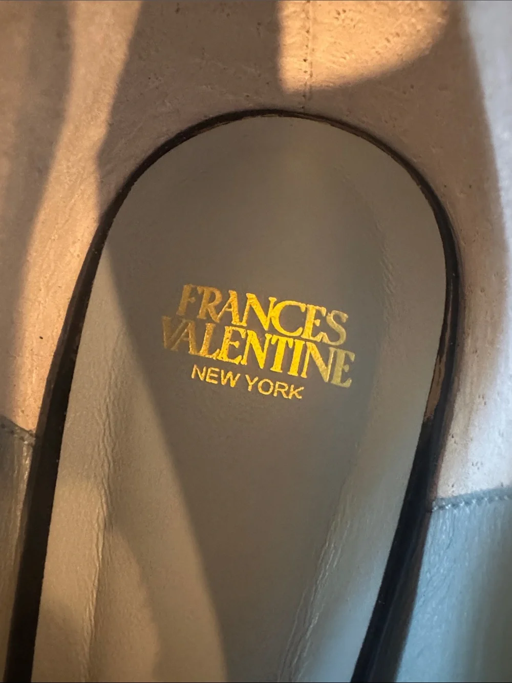 Frances Valentine Black crinkle soft Patent Loafers Gold FV Logo-Twiggy Loafer - Picture 8 of 11